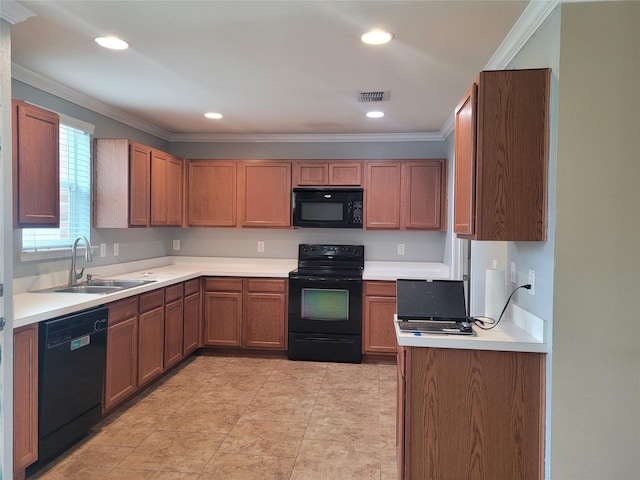 kitchen featuring crown molding, sink, and black appliances