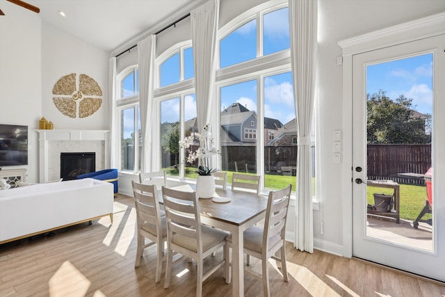 dining space with light wood-type flooring, a premium fireplace, and a healthy amount of sunlight