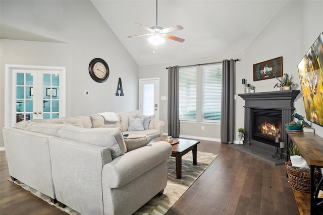 living room featuring french doors, dark hardwood / wood-style floors, high vaulted ceiling, and ceiling fan