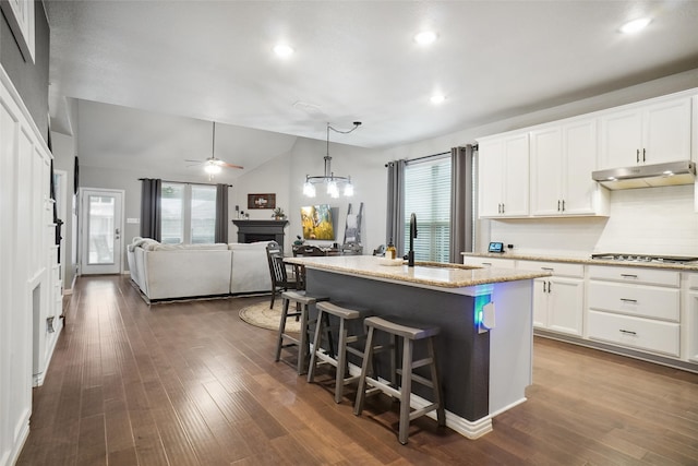 kitchen featuring an island with sink, a healthy amount of sunlight, and white cabinets