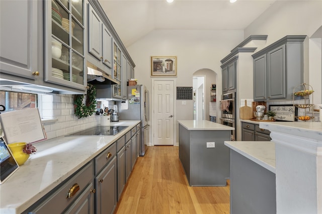 kitchen with tasteful backsplash, light hardwood / wood-style flooring, stainless steel appliances, gray cabinetry, and a center island