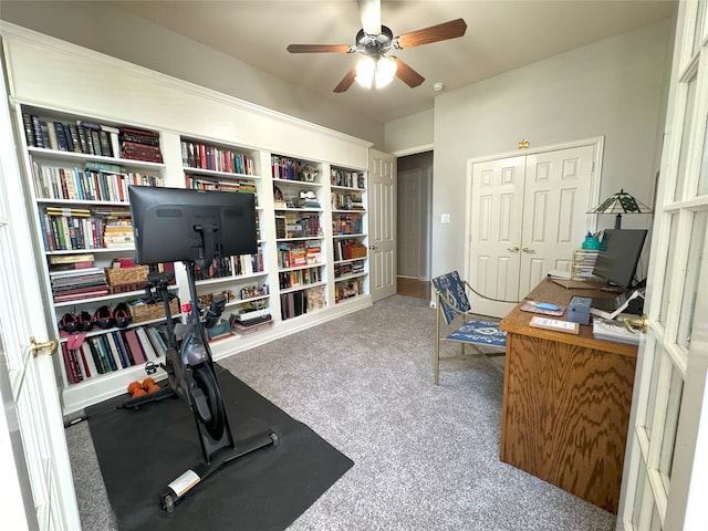 office featuring carpet and ceiling fan