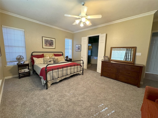 bedroom featuring carpet, ceiling fan, ornamental molding, and multiple windows