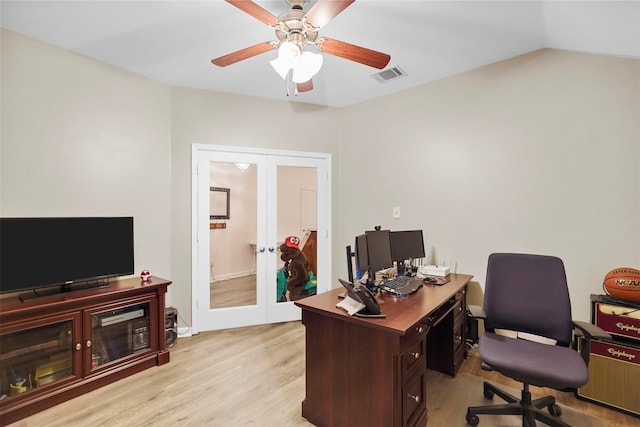 office area with lofted ceiling, ceiling fan, light hardwood / wood-style flooring, and french doors