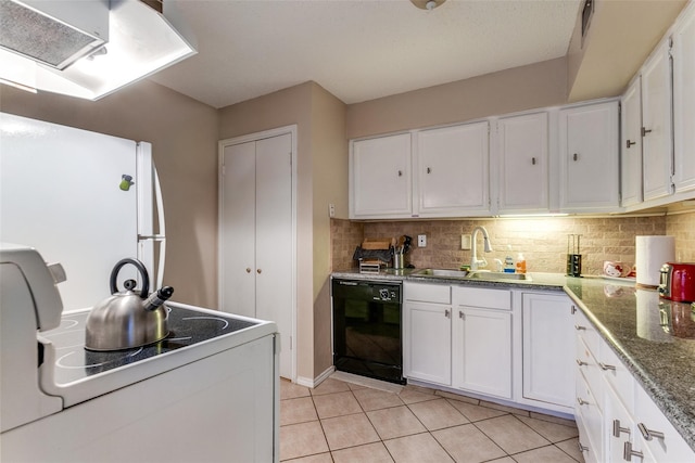 kitchen featuring black dishwasher, tasteful backsplash, sink, range, and white cabinets