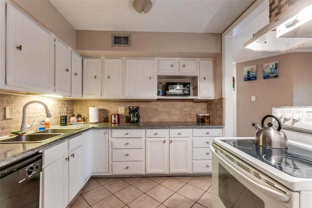 kitchen featuring white cabinets, light tile patterned flooring, sink, extractor fan, and black appliances