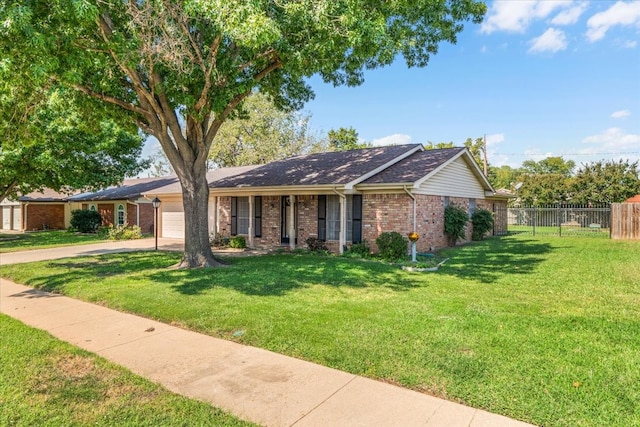 ranch-style house with a front yard and a garage