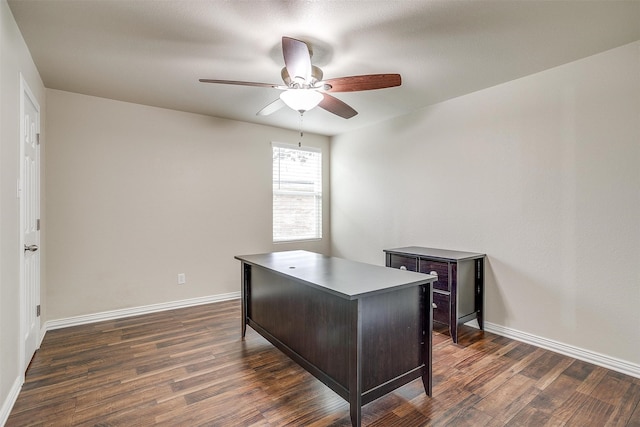 office area featuring dark hardwood / wood-style flooring and ceiling fan