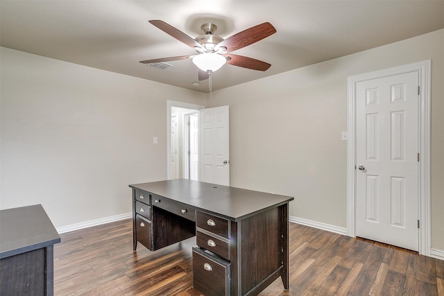 office area featuring ceiling fan and dark wood-type flooring