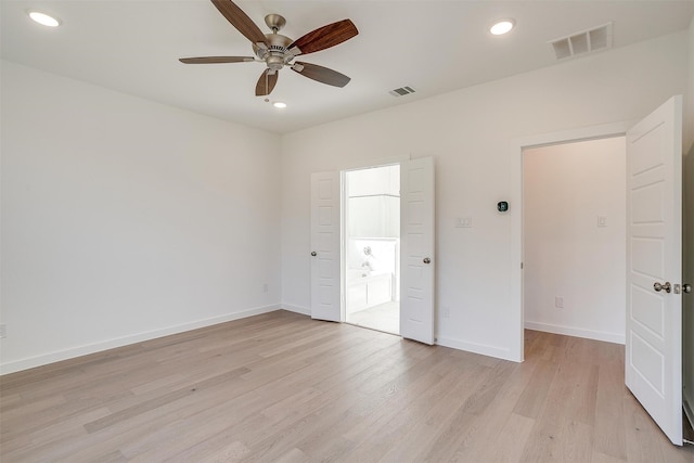 unfurnished bedroom featuring light wood-type flooring and ceiling fan