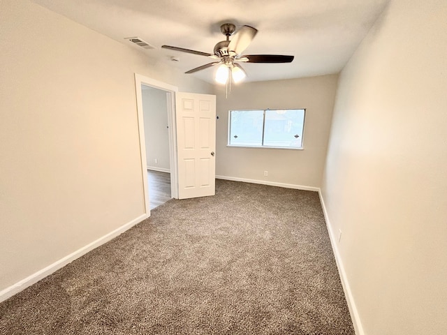 unfurnished bedroom featuring carpet flooring and ceiling fan