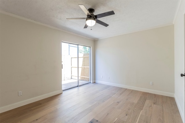 unfurnished room with ornamental molding, a textured ceiling, light wood-type flooring, and ceiling fan