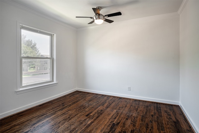 spare room featuring crown molding, dark hardwood / wood-style flooring, and ceiling fan