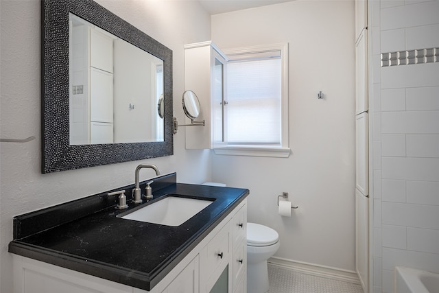 full bathroom with separate shower and tub, vanity, toilet, and tile patterned floors