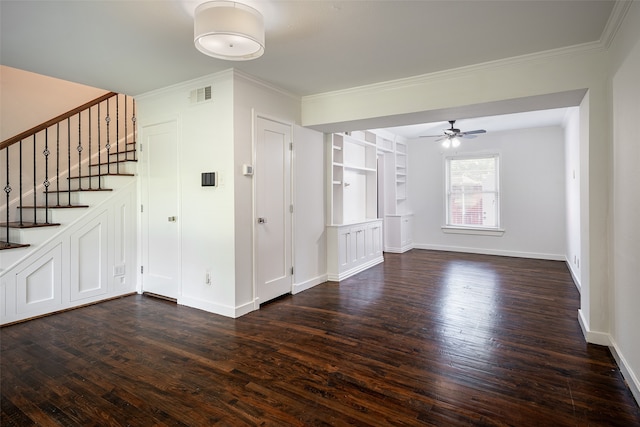 unfurnished living room featuring ceiling fan, crown molding, and dark hardwood / wood-style flooring