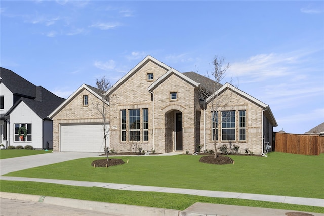 view of front of property with a front yard and a garage