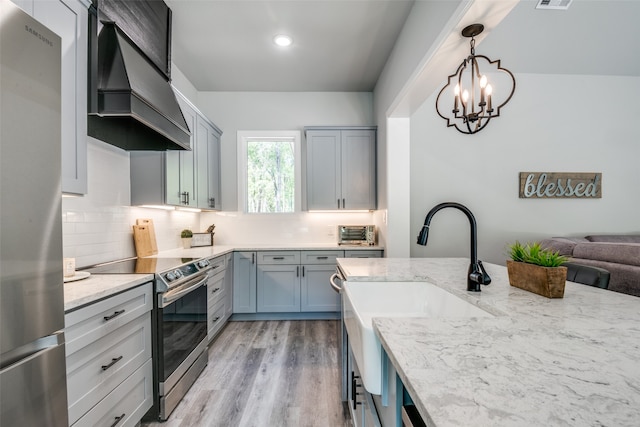 kitchen featuring decorative light fixtures, decorative backsplash, appliances with stainless steel finishes, custom range hood, and light wood-type flooring