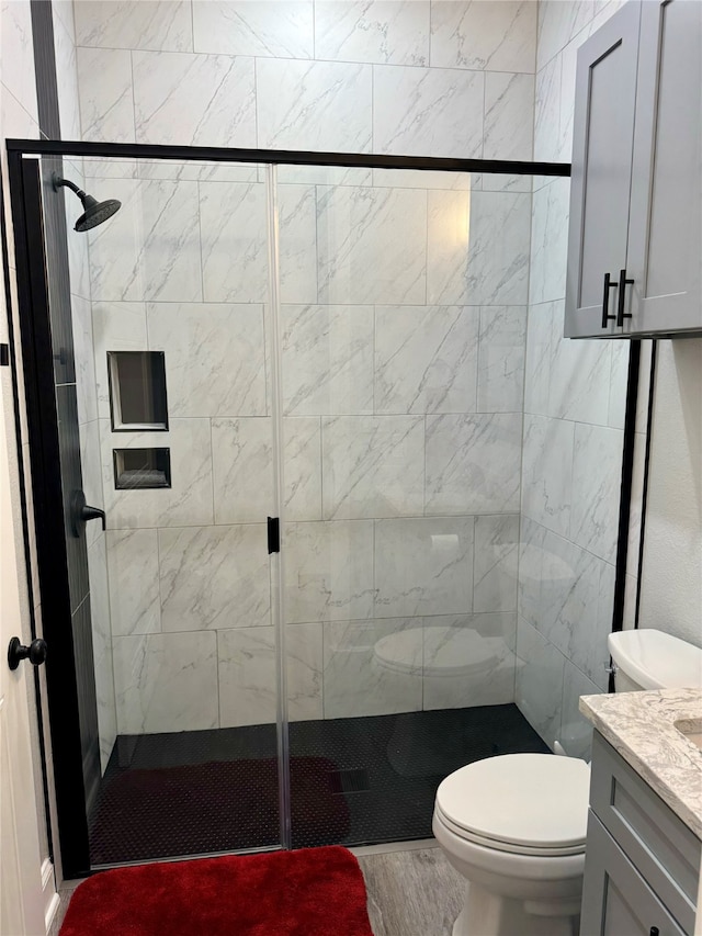 bathroom featuring vanity, toilet, and an enclosed shower