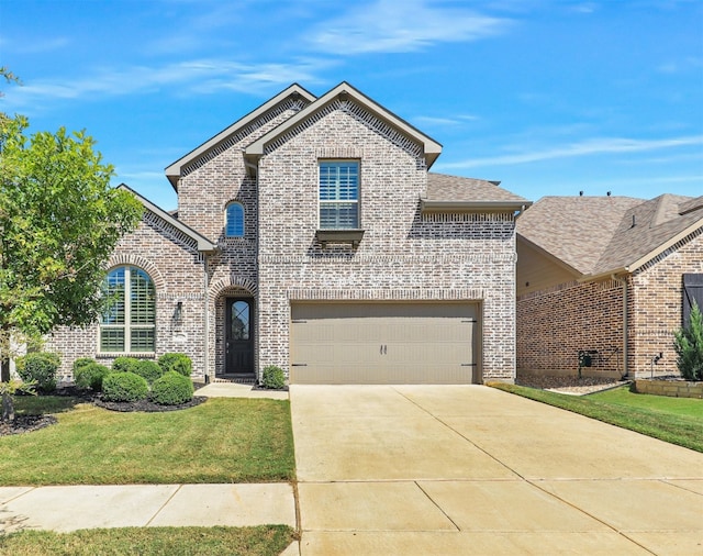 view of front of home featuring a front lawn and a garage