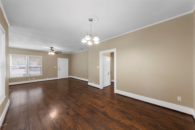 empty room featuring crown molding, ceiling fan with notable chandelier, and dark hardwood / wood-style flooring