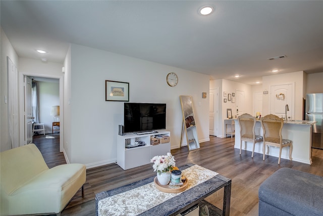 living room with dark hardwood / wood-style floors and sink