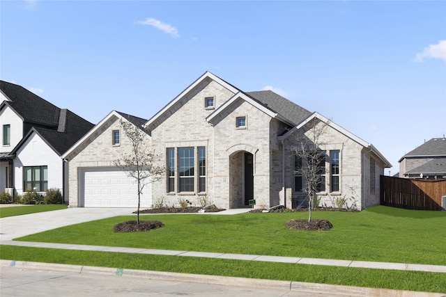 french country home featuring a garage and a front lawn