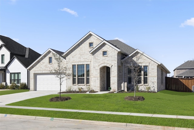 french country style house featuring a garage and a front yard