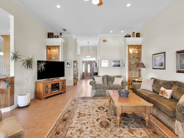 tiled living room with crown molding