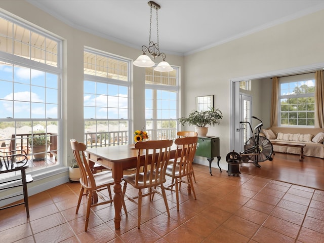 tiled dining area with ornamental molding