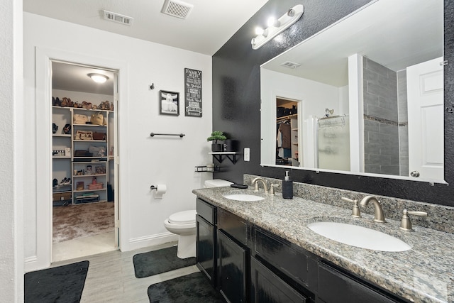 bathroom with toilet, walk in shower, and vanity