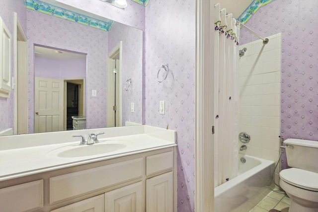 full bathroom with vanity, bathtub / shower combination, toilet, and tile patterned flooring