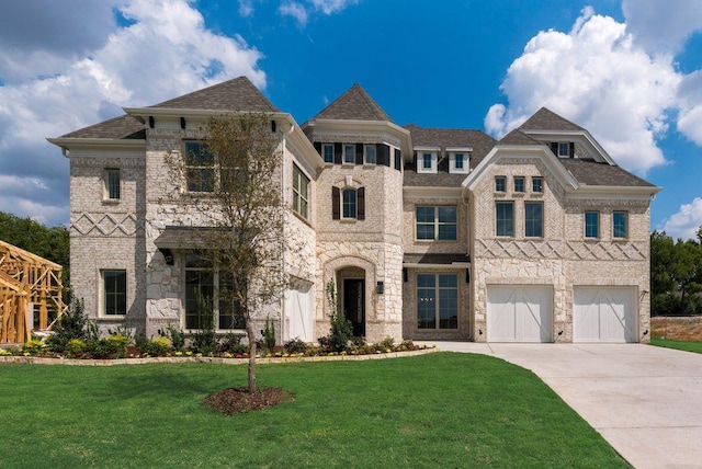 view of front of property with an attached garage, brick siding, driveway, stone siding, and a front yard