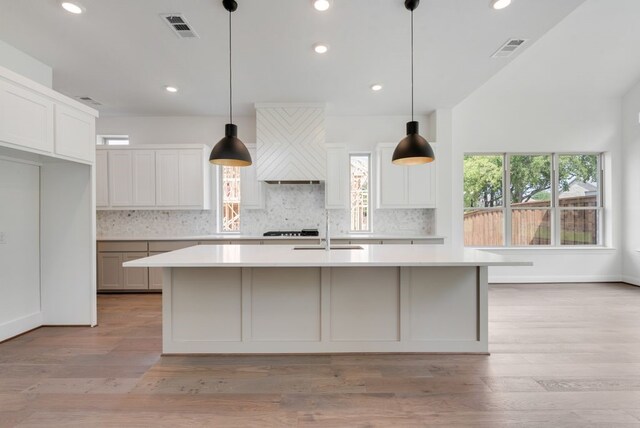 kitchen featuring tasteful backsplash, visible vents, a sink, and custom exhaust hood