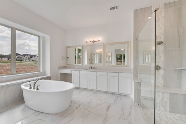 full bath with a walk in shower, marble finish floor, vanity, and visible vents