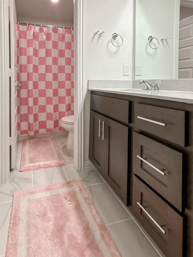 bathroom featuring vanity, toilet, and a shower with shower curtain