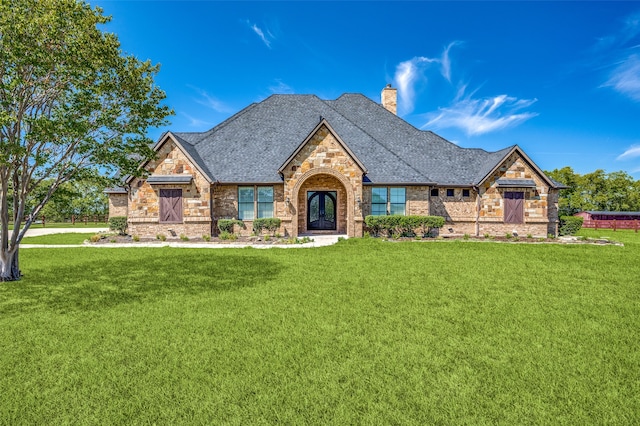 view of front facade with a front yard and french doors