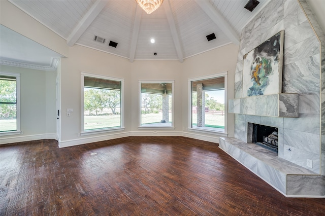 unfurnished living room with beam ceiling, wooden ceiling, and dark wood-type flooring