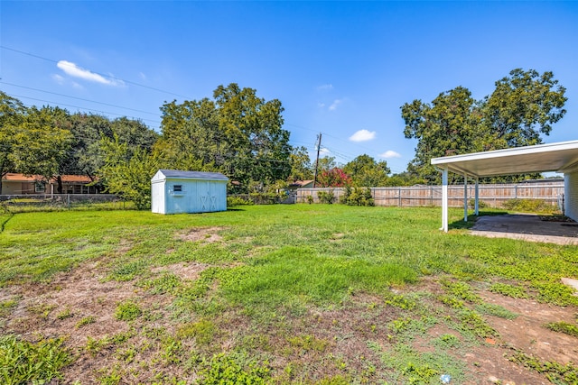 view of yard with a carport and a shed