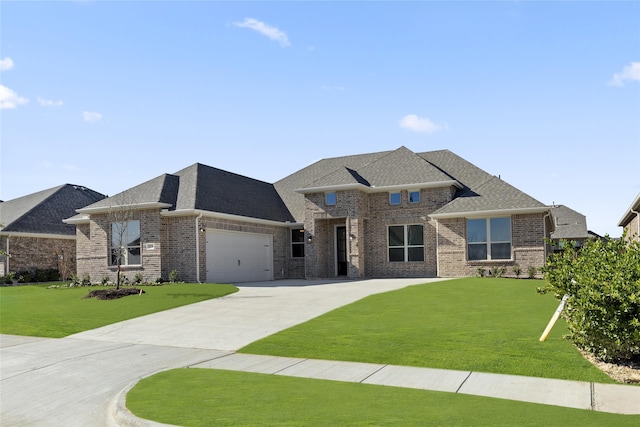 view of front of house with a front lawn, a garage, brick siding, and concrete driveway