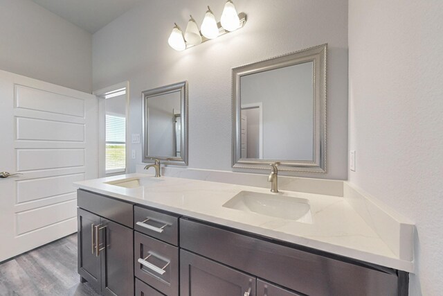 bathroom with vanity and hardwood / wood-style floors