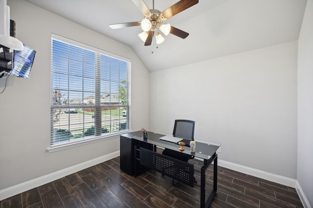 office with ceiling fan, dark wood-type flooring, and vaulted ceiling