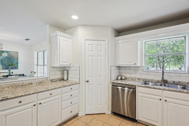 kitchen with white cabinets, dishwasher, sink, and decorative backsplash