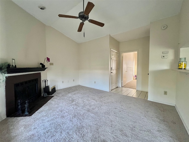 unfurnished living room with light carpet, lofted ceiling, and ceiling fan