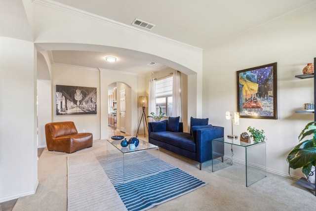 living room featuring light carpet and ornamental molding