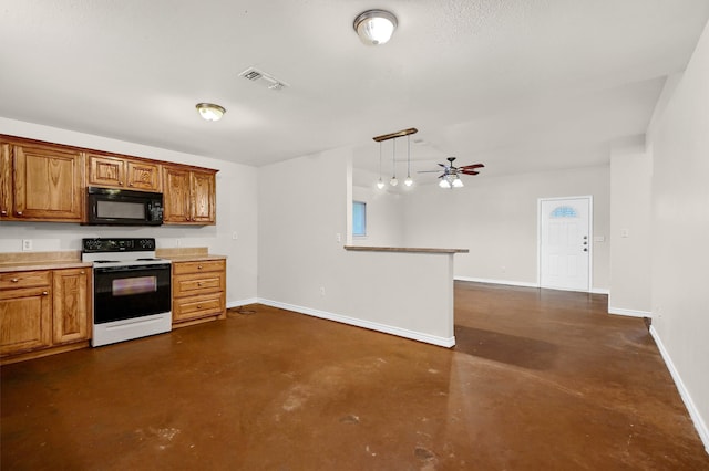 kitchen featuring pendant lighting, ceiling fan, and electric range