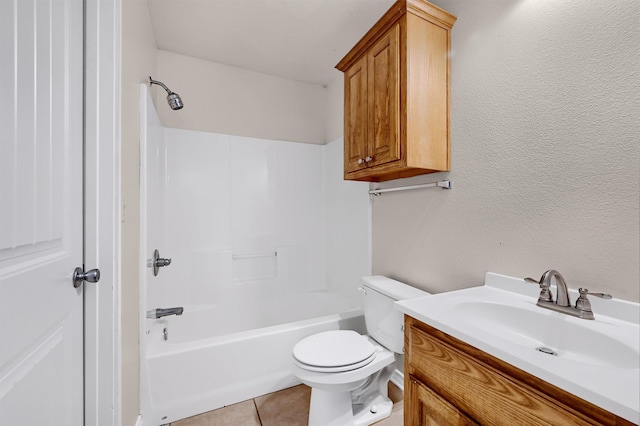 full bathroom with shower / tub combination, vanity, toilet, and tile patterned floors