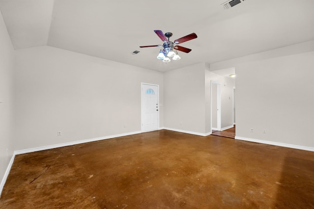 spare room featuring ceiling fan and lofted ceiling