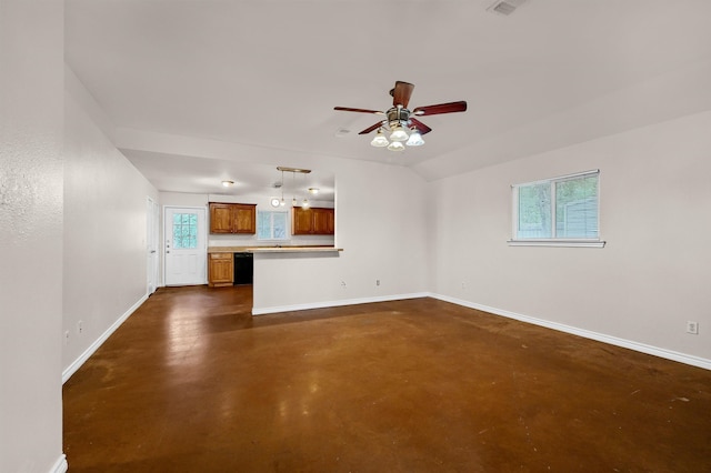 unfurnished living room featuring ceiling fan and lofted ceiling