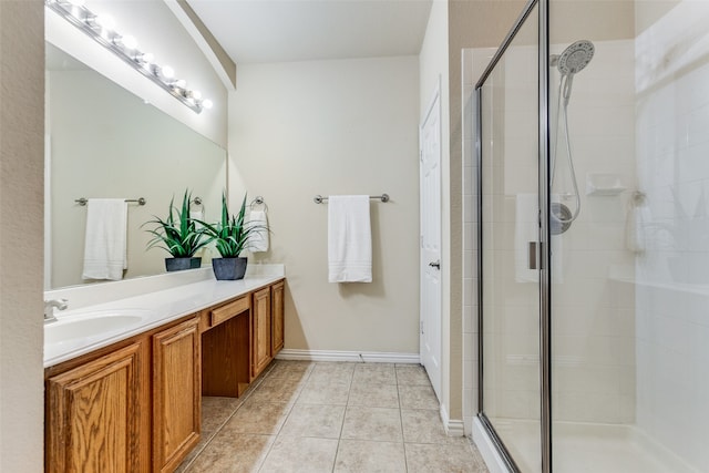 bathroom featuring walk in shower, vanity, and tile patterned floors