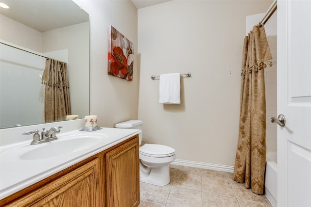 full bathroom with shower / bath combination with curtain, tile patterned floors, vanity, and toilet